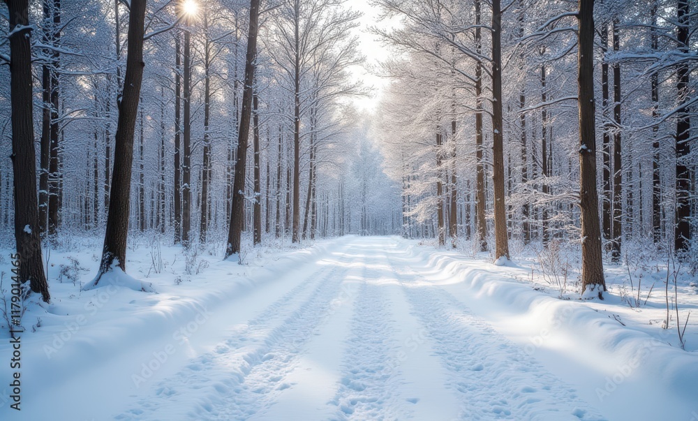 Snowy winter pathway through a tranquil forest. Snowy winter pathway through a tranquil forest.