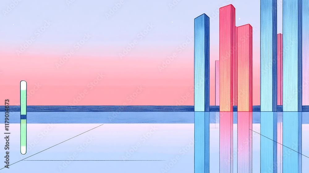 Obraz premium Dreamlike Pastel Digital Illustration: Geometric Structures Reflecting on Serene Waters. AI Generated