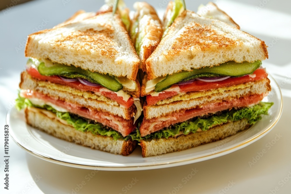 Delicious club sandwich, cut, plated, sunlit kitchen, menu Delicious club sandwich, cut, plated, sunlit kitchen, menu