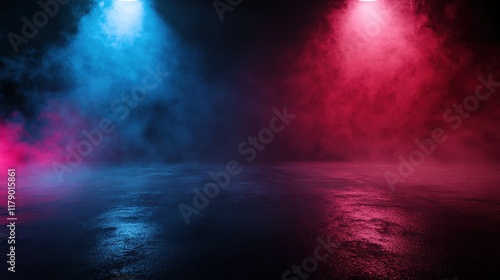 Dark empty space, blue and red neon spotlight, wet asphalt, smoke, night view industrial, rays. Abstract dark texture of an empty background with copy space mock up design
