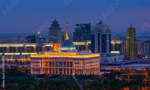 The residence of the President of Kazakhstan Akorda in the city of Astana with evening illumination photo