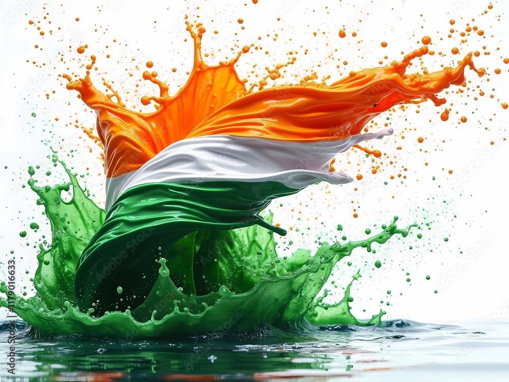 Fototapeta premium Water forms the Indian tricolor flag on a white surface, representing the celebration of Indian Republic Day, generative ai 