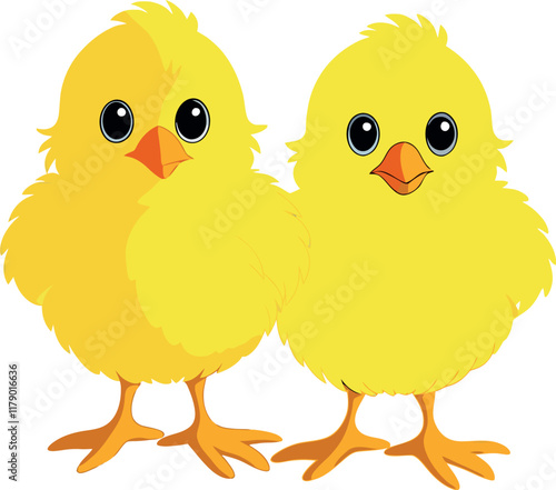 Two cute cartoon chicks standing together on white background