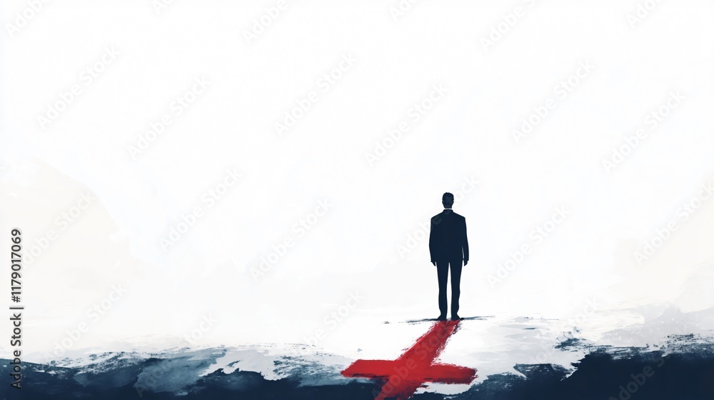 A Man's Journey: A Silhouette Against the White Canvas, Following a Red Cross - A Symbol of Purpose, Decision, and the Path Ahead A Man's Journey: A Silhouette Against the White Canvas, Following a Red Cross - A Symbol of Purpose, Decision, and the Path Ahead
