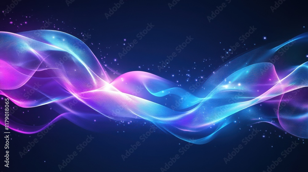 Fototapeta premium Abstract blue and purple light wavy shapes futuristic banner. Glowing retro waves background