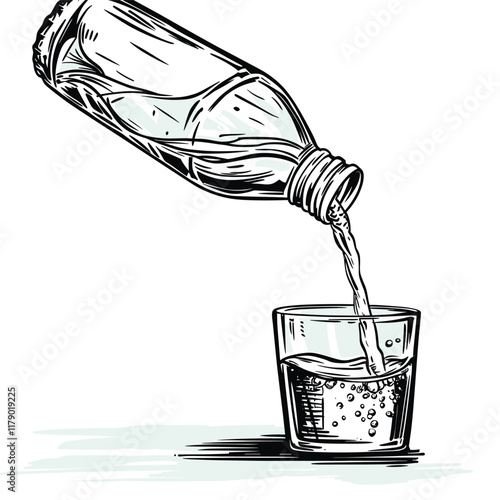 Bottle pouring liquid into a glass, detailed illustration.