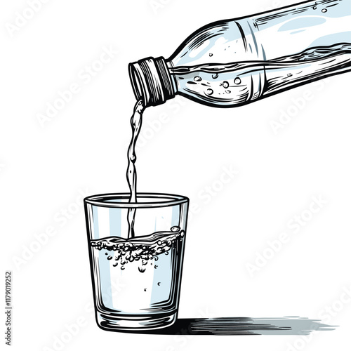 Bottle pouring liquid into a glass, detailed illustration.