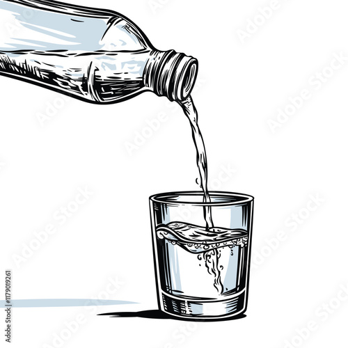 Bottle pouring liquid into a glass, detailed illustration.