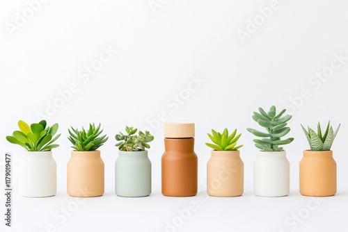 Wallpaper Mural A collection of vibrant succulent plants in modern pastel-colored pots, neatly aligned against a clean white background, showcasing stylish indoor greenery and minimalist decor.  
 Torontodigital.ca