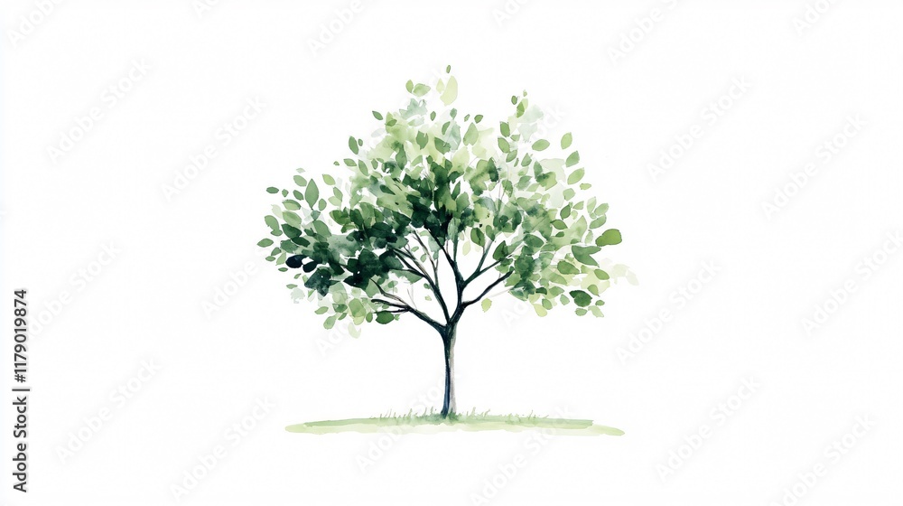 Lush Watercolor Tree: Verdant Foliage on White Background Lush Watercolor Tree: Verdant Foliage on White Background
