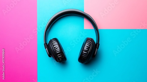 A noise canceling headset on a striped cyan and magenta background photo