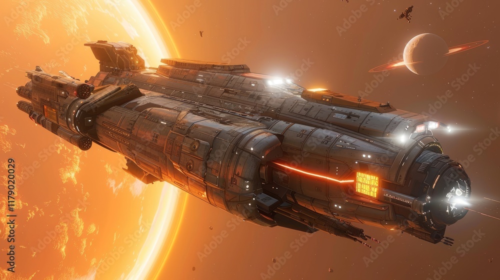 Obraz premium Futuristic Spaceship in Orbit, fiery sun, orbiting planets, interstellar travel.