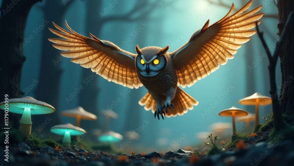 Fototapeta premium Majestic owl soaring through a mystical forest filled with luminous mushrooms during twilight hours