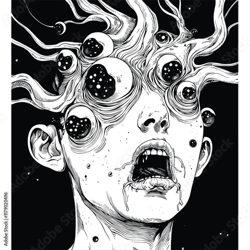Surreal illustration with white tentacle lines and ears.
