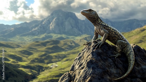 A monitor lizard standing guard on a rocky outcrop overlooking a valley photo