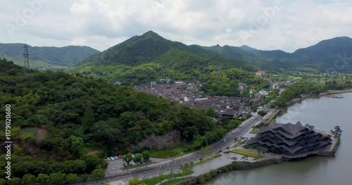 Dongqian Lake, Ningbo, Zhejiang Province - Aerial photography of the ancient town and lake view photo