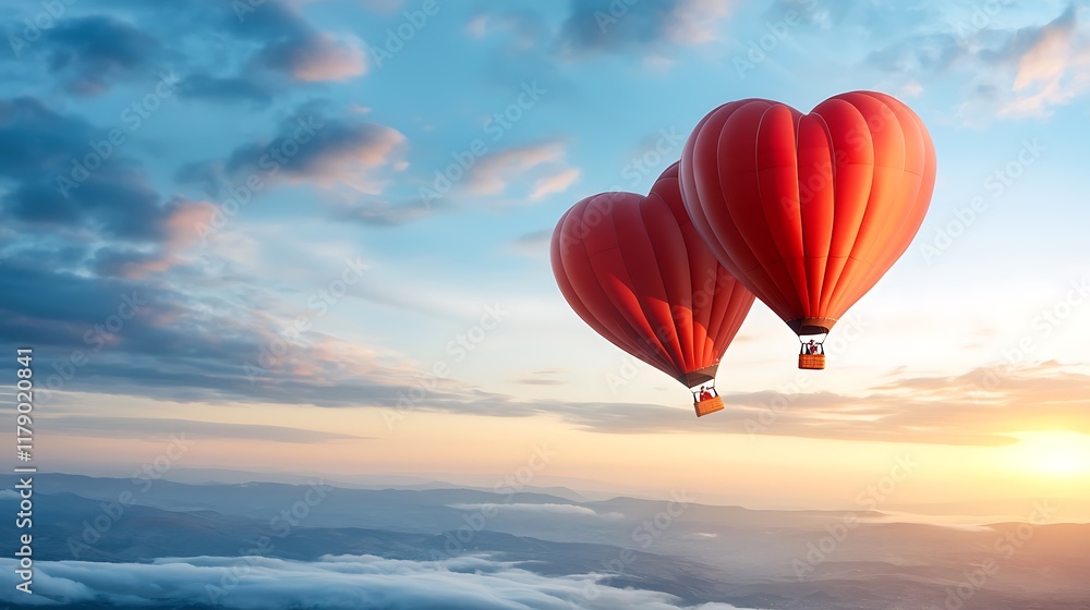 Fototapeta premium Couple enjoying a serene hot air balloon ride during a stunning sunset floating above a picturesque landscape with vibrant colors in the sky