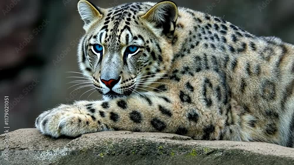 Majestic snow leopard resting elegantly on rocky surface in wildlife habitat Majestic snow leopard resting elegantly on rocky surface in wildlife habitat
