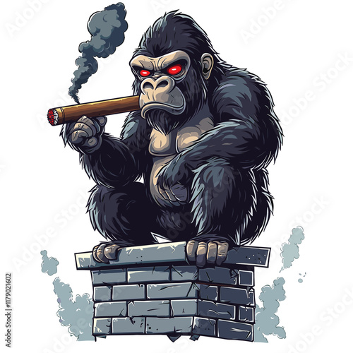 Cartoonish gorilla with red eyes, cigar in hand, stern look.