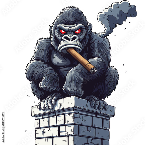 Cartoonish gorilla with red eyes, cigar in hand, stern look.