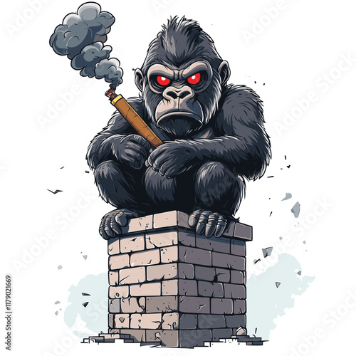 Cartoonish gorilla with red eyes, cigar in hand, stern look.