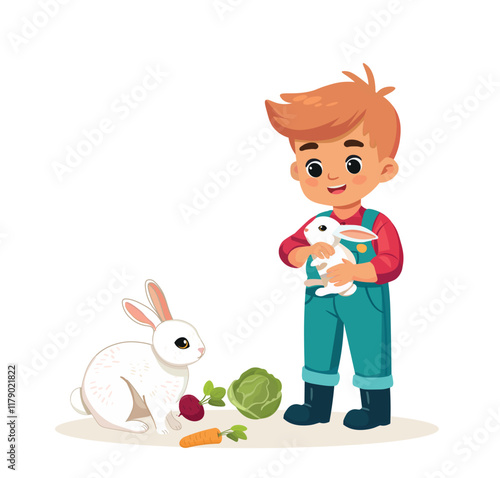 happy cute kid boy feeding cute rabbits vector