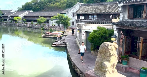 Dongqian Lake, Ningbo, Zhejiang Province - Aerial photography of the ancient town and lake view photo