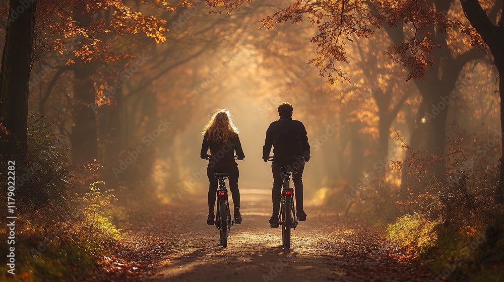 Couple Cycling Through Autumnal Tree Tunnel Couple Cycling Through Autumnal Tree Tunnel