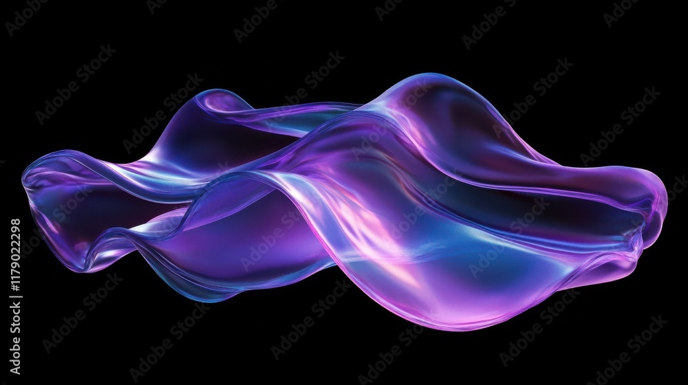 Fototapeta premium Abstract fluid holographic iridescent purple curved wave in dark background 3d render. Gradient design element for backgrounds, wallpapers, posters and covers.
