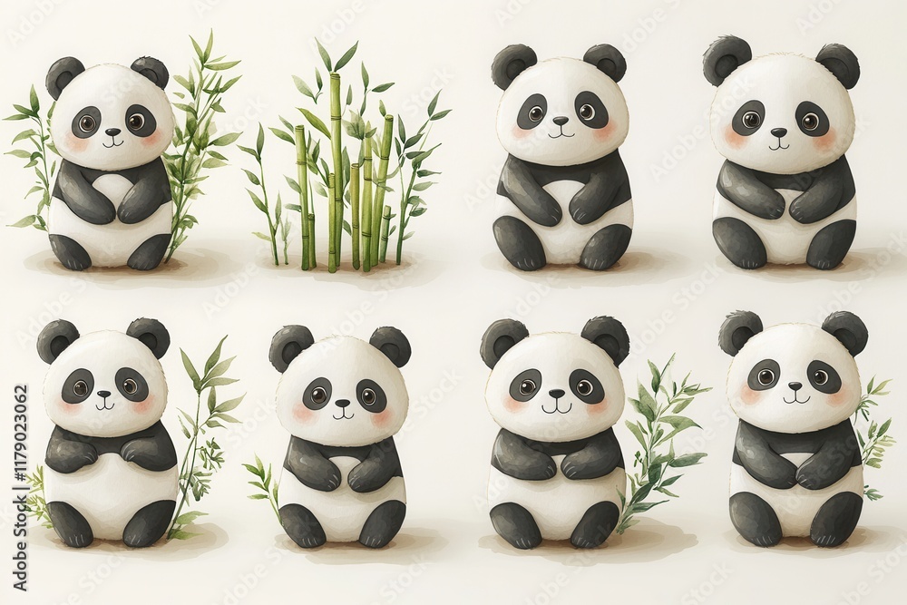 Naklejka premium Cute panda figurines surrounded by bamboo, showcasing playful expressions and charm.