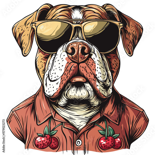 Bulldog with sunglasses and cherry shirt, serious expression.