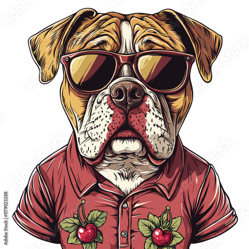 Bulldog with sunglasses and cherry shirt, serious expression.