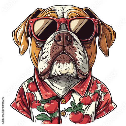 Bulldog with sunglasses and cherry shirt, serious expression.
