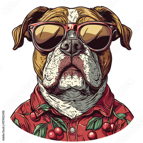 Bulldog with sunglasses and cherry shirt, serious expression.