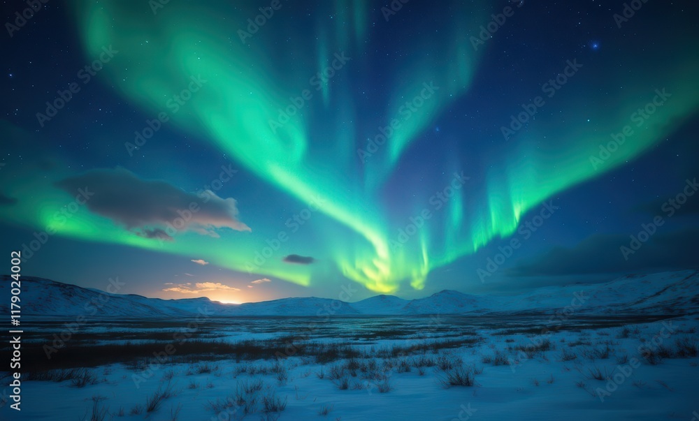 Stunning aurora over snowy mountains Stunning aurora over snowy mountains
