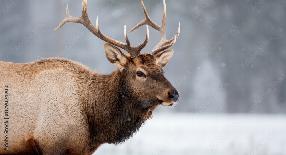 Majestic elk in winter forest with snow gently falling Majestic elk in winter forest with snow gently falling