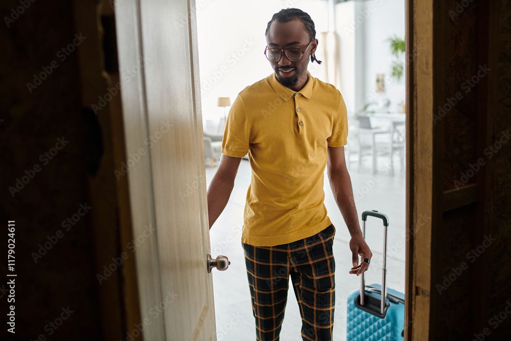 Exploring new spaces, a young man embraces digital nomad lifestyle in modern living area Exploring new spaces, a young man embraces digital nomad lifestyle in modern living area