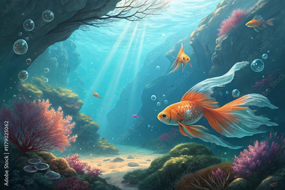 Obraz premium Goldfish Red Comet Swimming In Aquarium.