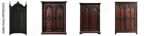 Collection of Ornate Antique Wooden Cabinets Armoires and Wardrobes in Gothic Medieval Architectural Style with Intricate Carved Designs Decorative Elements and Vintage Aesthetic photo