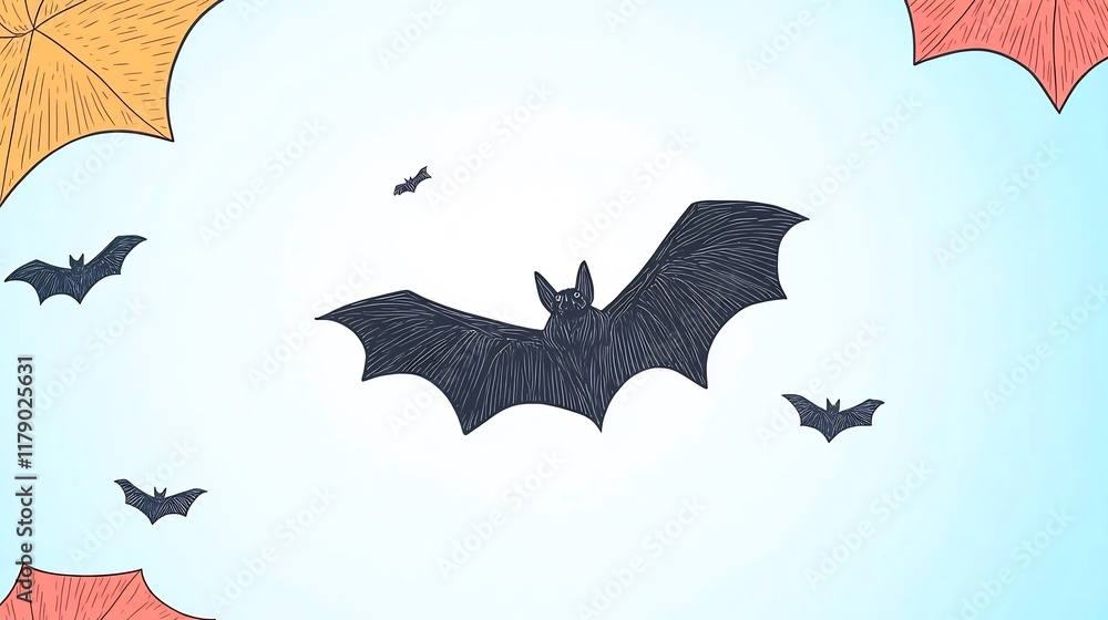 Fototapeta premium Charming Hand-Drawn Illustration: Bats Soaring Amidst Autumn Leaves. AI Generated