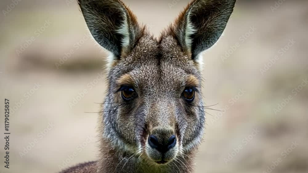 Curious kangaroo staring directly at camera in closeup sequence Curious kangaroo staring directly at camera in closeup sequence