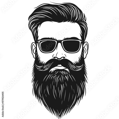 Black and white illustration of a bearded man with slicked-back hair.