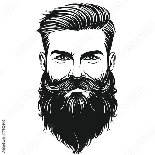Black and white illustration of a bearded man with slicked-back hair.