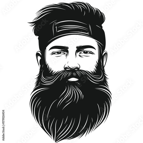 Black and white illustration of a bearded man with slicked-back hair.