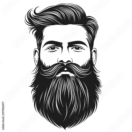Black and white illustration of a bearded man with slicked-back hair.
