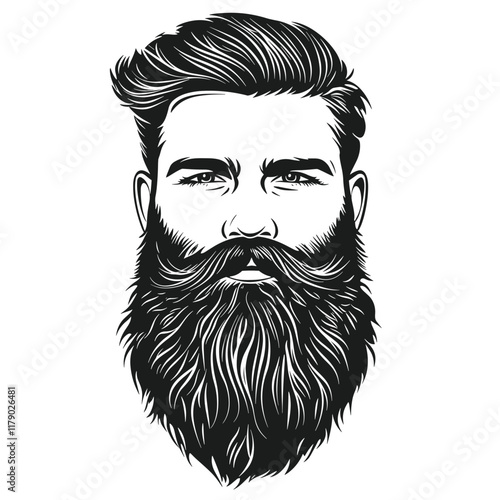 Black and white illustration of a bearded man with slicked-back hair.