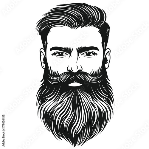 Black and white illustration of a bearded man with slicked-back hair.