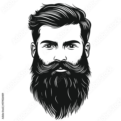 Black and white illustration of a bearded man with slicked-back hair.