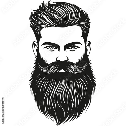Black and white illustration of a bearded man with slicked-back hair.