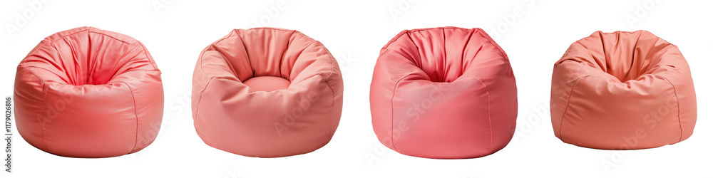 Vibrant coral red beanbag chairs arranged in a clean modern minimalist studio setting against a blank white background These plush Vibrant coral red beanbag chairs arranged in a clean modern minimalist studio setting against a blank white background These plush